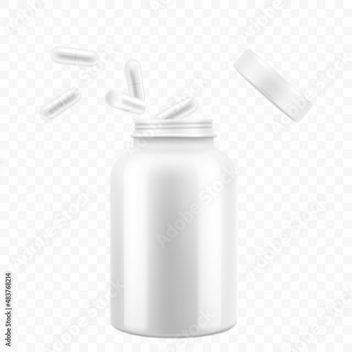 Opened medical pill bottle with falling pills, realistic 3d vector object with place for text. Mock Up Template of medicine package for pills, capsule, drugs, isolated on white background