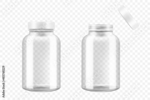 Open and closed glass medical pill bottle, 3d realistic vector illustration. Mock Up Template set of drugs for pills, capsules, medicines isolated on white background