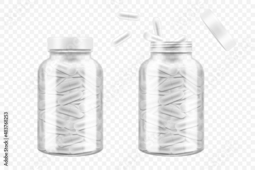 Medicine bottles with capsules isolated on white background. Vector realistic mockup of glass or plastic transparent container with open and closed white lid. 3d jars with medical drugs, pill