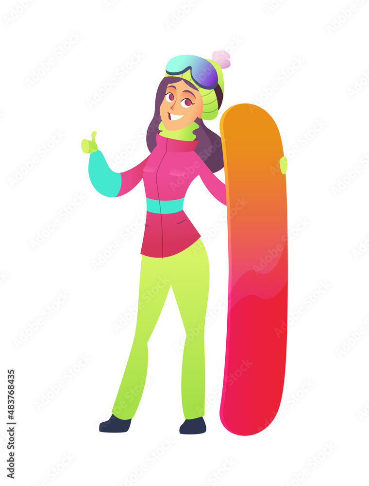 Beautiful girl with purple hair in bright ski suit holds snowboard and shows super, excellent gesture Beautiful girl with purple hair in bright ski suit holds snowboard and shows super, excellent gesture