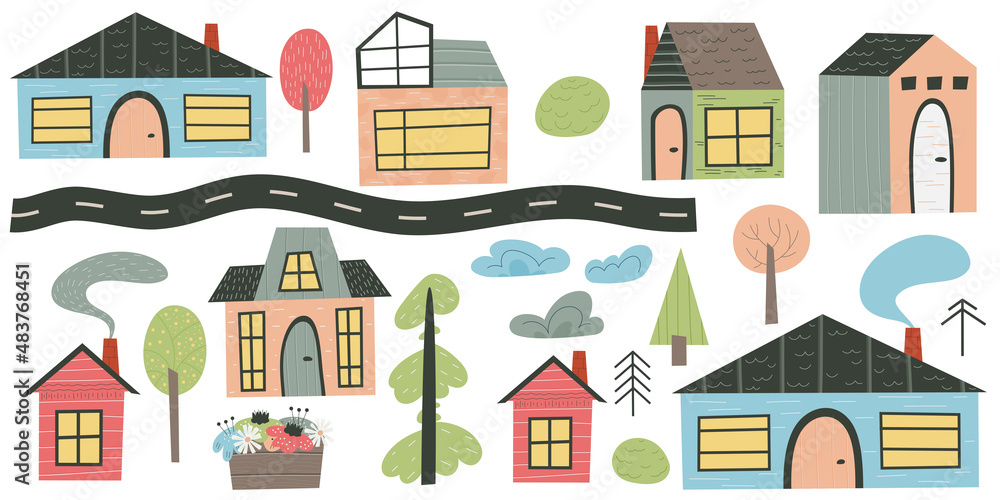 Modern scandinavian house set with road and tree. European village with cute houses and chimney roofs.Set of cottages for children's design. Flat vector illustration design.