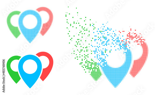 Dispersed dotted map pointers vector icon with destruction effect, and original vector image. Pixel degradation effect for map pointers shows speed and motion of cyberspace concepts.