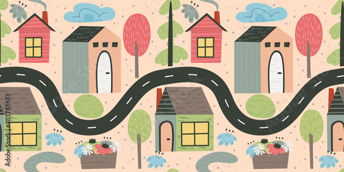 Scandinavian house seamless pattern with road and tree. Hand drawn vector illustration. Cottage with windows and a roof for childrens textiles. Village cityscape with cute houses