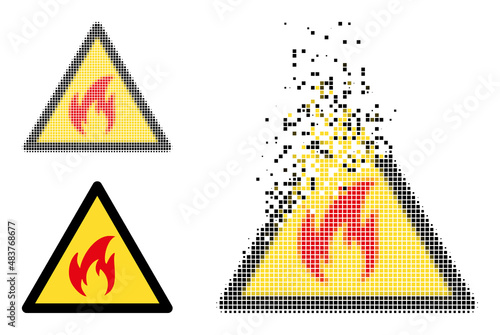 Dispersed dot fire warning vector icon with destruction effect, and original vector image. Pixel dust effect for fire warning shows speed and motion of cyberspace things.