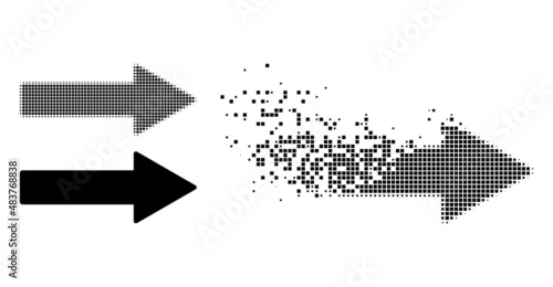 Fractured pixelated right arrow vector icon with wind effect, and original vector image. Pixel explosion effect for right arrow demonstrates speed and motion of cyberspace items.