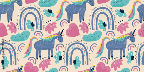 Scandinavian unicorn seamless pattern with rainbow and flower. A horse with a horn sits on a background with cloud, heart. Childrens textile with a bright rainbow