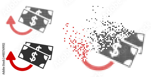 Dissolved pixelated dollar banknotes refund vector icon with wind effect, and original vector image. Pixel dissipating effect for dollar banknotes refund shows speed and motion of cyberspace things.