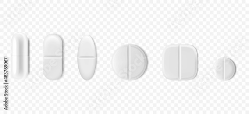 Antibiotic pills isolated on white background. Collection of oval, round and capsule shaped tablets. Medicine and drugs. Realistic 3d Vector illustration