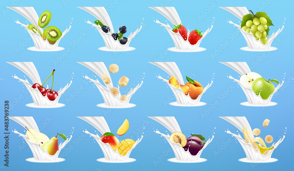Big collection of fruits in milk splash. Strawberry, banana, peach, pear, mango, apple, kiwi, avocado, sweet cherry, cherry, plum, blueberry. Vector 3d realistic set Big collection of fruits in milk splash. Strawberry, banana, peach, pear, mango, apple, kiwi, avocado, sweet cherry, cherry, plum, blueberry. Vector 3d realistic set