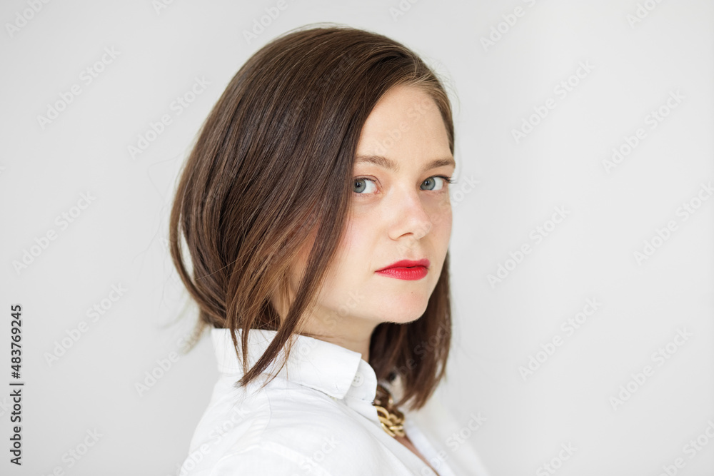 Portrait of beautiful stylish woman with red lipstick. Copy space. Portrait of beautiful stylish woman with red lipstick. Copy space.
