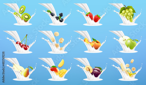 Big collection of fruits in milk splash. Strawberry, banana, peach, pear, mango, apple, kiwi, avocado, sweet cherry, cherry, plum, blueberry. Vector 3d realistic set