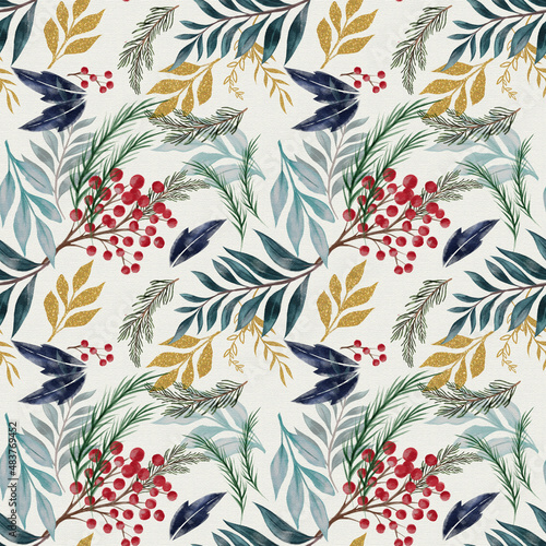 seamless pattern with watercolor branches, Christmas theme