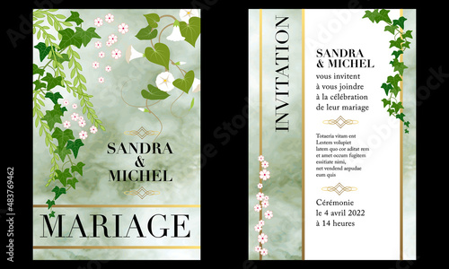 Carte d’invitation recto verso pour un mariage une décoration florale printanière composée de lierre et de liseron sur un fond marbré vert - texte français - traduction : mariage, invitation.