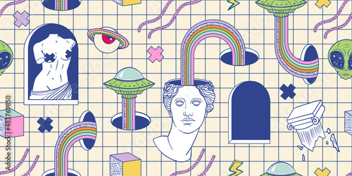 seamless pattern with greek statues and ufo, in the style of 80-90s