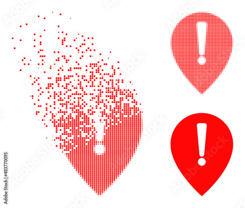 Dissolved pixelated notice map pointer vector icon with wind effect, and original vector image. Pixel erosion effect for notice map pointer demonstrates speed and movement of cyberspace abstractions.