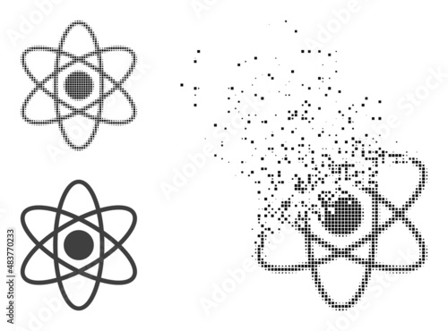 Fractured dot atom vector icon with destruction effect, and original vector image. Pixel dissipating effect for atom demonstrates speed and movement of cyberspace concepts.