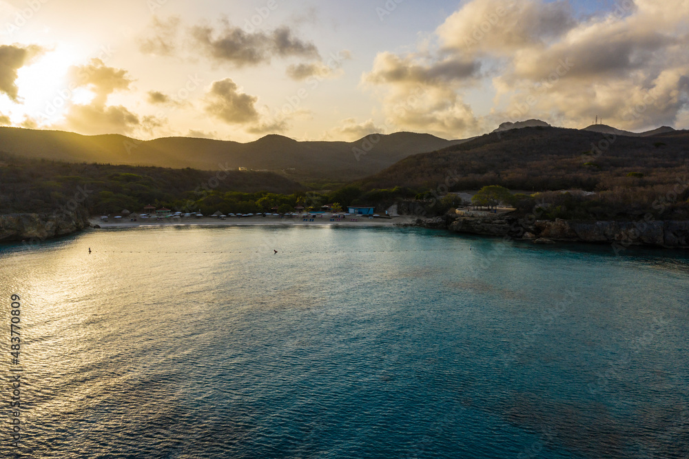 Aerial view of sunrise scenery with ocean and coast around Knip area, Curacao, Caribbean