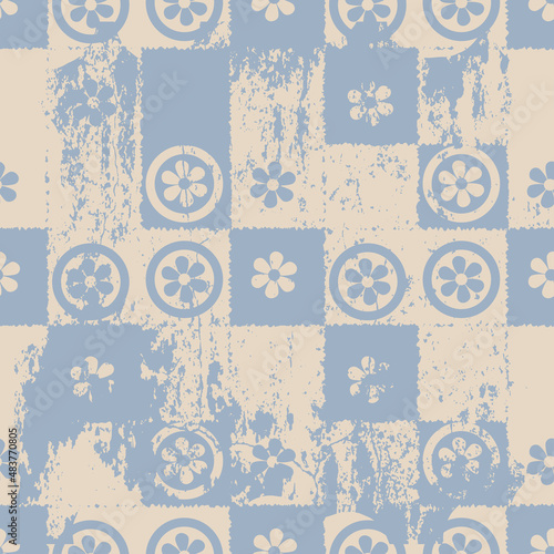seamless grunge retro pattern with flowers and checkered