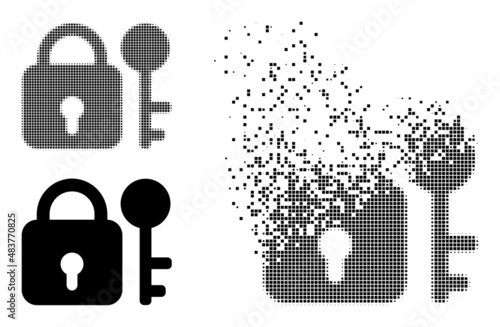 Dispersed dotted secrecy vector icon with destruction effect, and original vector image. Pixel fragmentation effect for secrecy demonstrates speed and motion of cyberspace items.