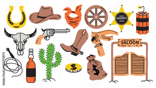 Wallpaper Mural A set of wild west doodle elements. Cowboy boots, hat, saloon, cacti, skull, sheriff's badge. Western. America. Torontodigital.ca