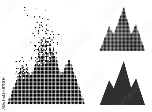 Dissolved dot mountains vector icon with wind effect  and original vector image. Pixel dissolution effect for mountains shows speed and movement of cyberspace items.