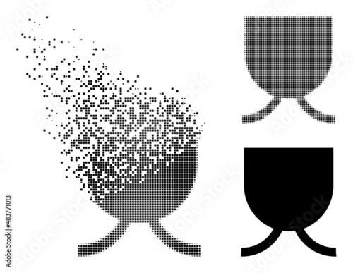 Fractured pixelated full mug vector icon with wind effect, and original vector image. Pixel erosion effect for full mug shows speed and movement of cyberspace items.