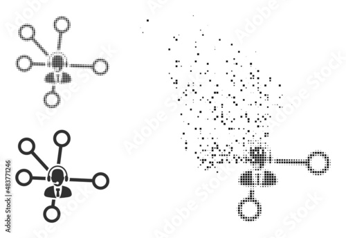 Fractured pixelated call center links vector icon with wind effect, and original vector image. Pixel mist effect for call center links demonstrates speed and movement of cyberspace items.