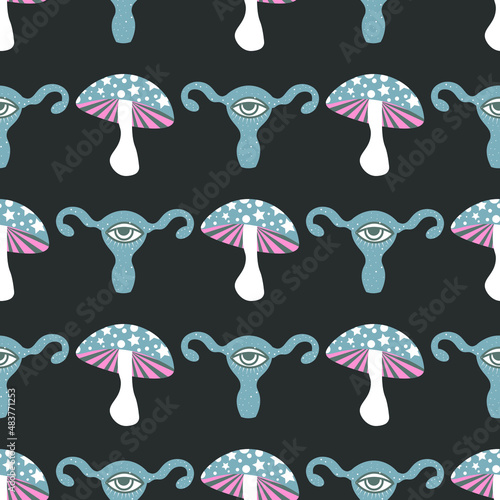 Magic mushrooms and Female reproductive organ pattern. Seamless illustration with mushrooms and eyes. vector illustration. 