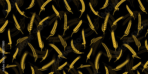 Wheat, oat, rye and barley ears seamless pattern. Bakery or bread background