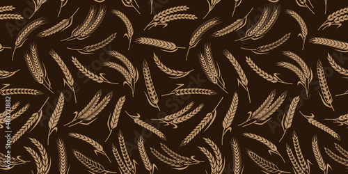 Wheat, oat, rye and barley ears seamless pattern. Bakery or bread seamless background with ears of cereal crops