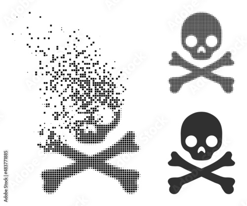 Dissolved pixelated death skull vector icon with destruction effect, and original vector image. Pixel transformation effect for death skull demonstrates speed and motion of cyberspace items.