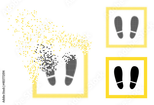 Dissolved pixelated stay here vector icon with destruction effect, and original vector image. Pixel destruction effect for stay here demonstrates speed and movement of cyberspace concepts.