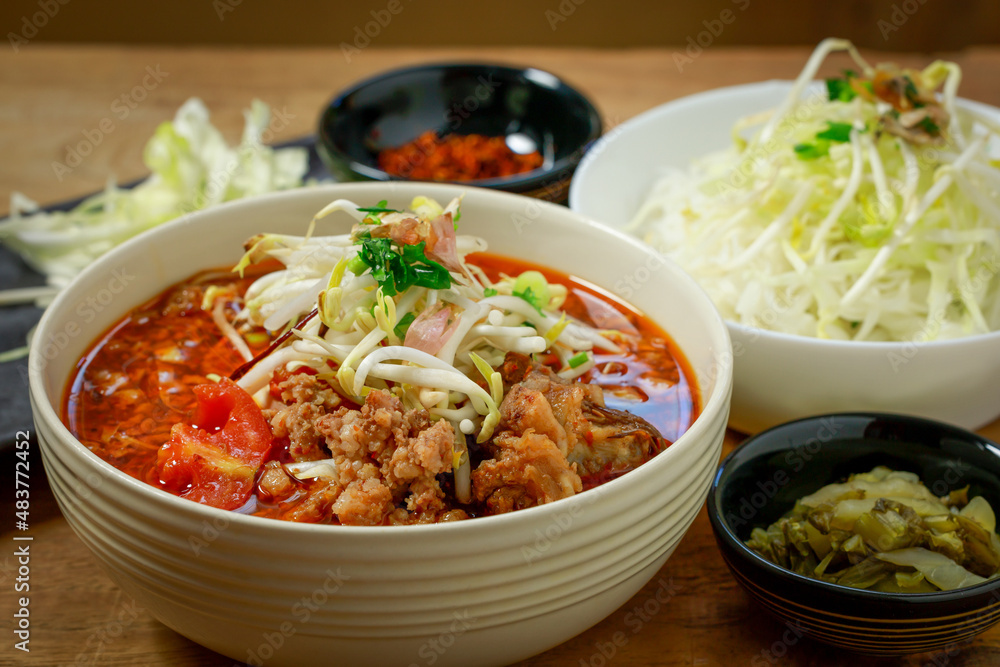 Thai noodles,Nam Ngiao Noodles,Noodles It is a Thai food in the north of Thailand. Lanna style concept. Thai noodles,Nam Ngiao Noodles,Noodles It is a Thai food in the north of Thailand. Lanna style concept.