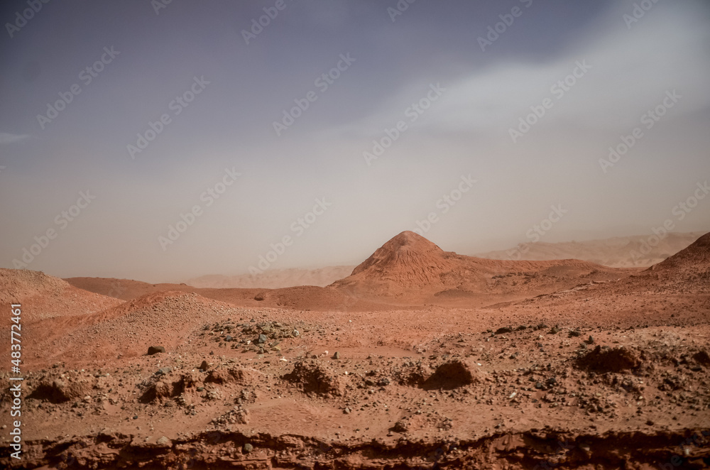 The dry arid desert landscape of the Moon Valley in Argentina