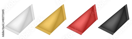Tetrahedral packaging set. Triangular cardboard package for beverage, juice and milk. Liquid product carton package. Korean cosmetics box. White, gold, red and black packing.