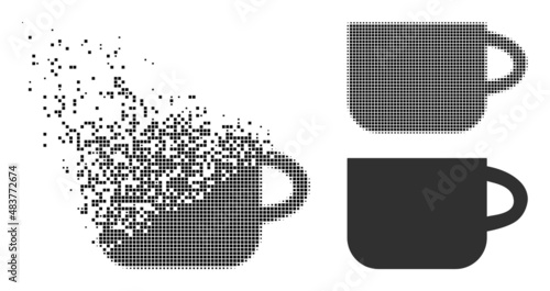 Dispersed dotted tea cup vector icon with destruction effect, and original vector image. Pixel dispersing effect for tea cup shows speed and motion of cyberspace items.