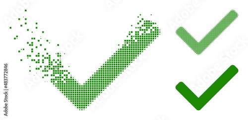 Dispersed dotted accept tick vector icon with wind effect, and original vector image. Pixel dissolving effect for accept tick shows speed and movement of cyberspace things.
