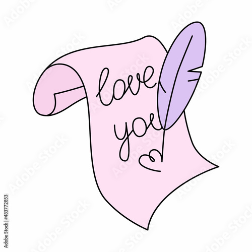 Sheet of pink paper and pen. Love confession with inscription "Love you". Cartoon vector illustration isolated on white background. Letter for Valentine's Day mail