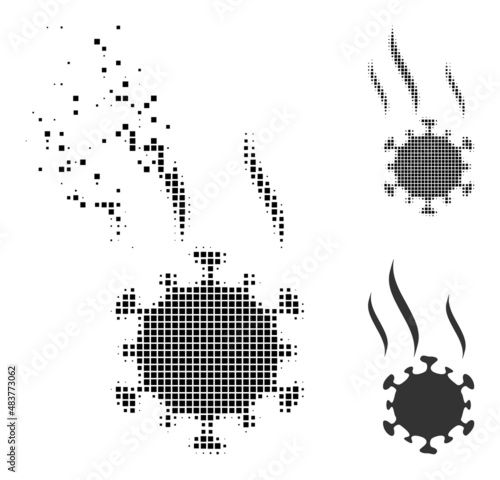 Dissolved pixelated virus spray vector icon with destruction effect, and original vector image. Pixel destruction effect for virus spray demonstrates speed and movement of cyberspace concepts.