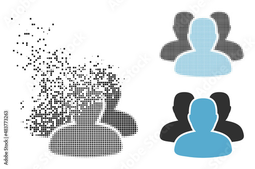Fractured dotted people vector icon with wind effect, and original vector image. Pixel disappearing effect for people shows speed and motion of cyberspace concepts.