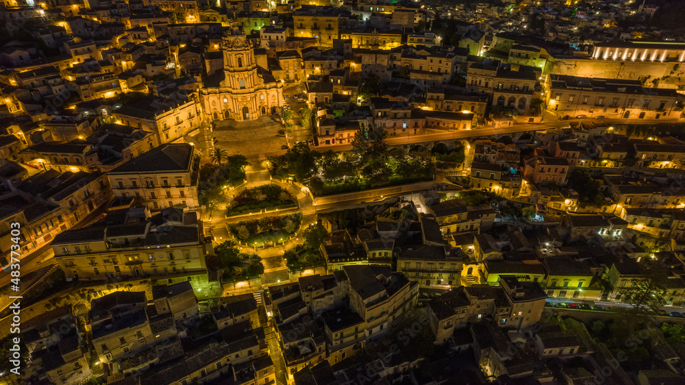 Aerial View of Modica City Centre at Night, Ragusa, Sicily, Italy, Europe