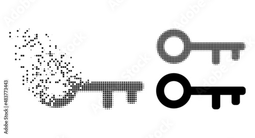 Fractured pixelated key vector icon with destruction effect, and original vector image. Pixel destruction effect for key demonstrates speed and movement of cyberspace abstractions.