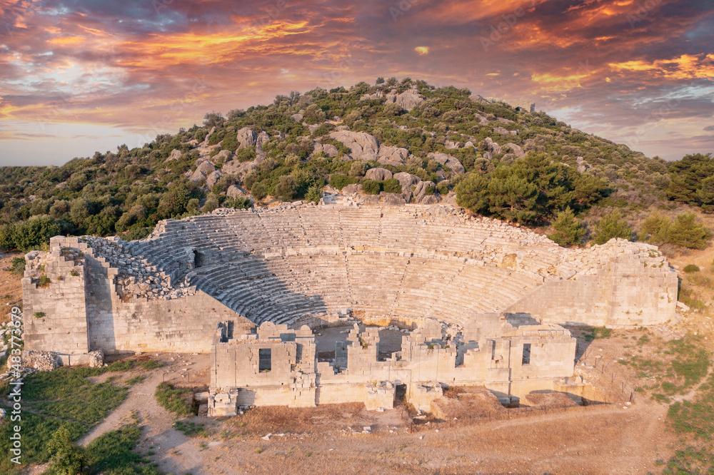 Patara (Pttra). Ruins of the ancient Lycian city Patara. Amphi-theatre and the  assembly hall of Lycia public. Patara was at the Lycia (Lycian) League's capital. Aerial view shooting. Antalya, TURKEY