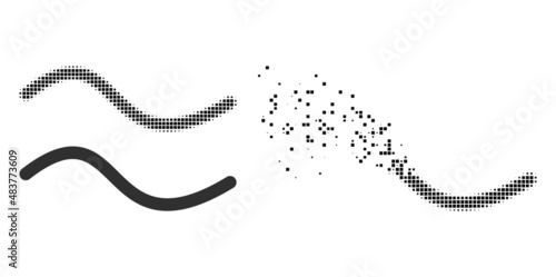 Dispersed dotted wave line vector icon with destruction effect, and original vector image. Pixel defragmentation effect for wave line demonstrates speed and motion of cyberspace abstractions.