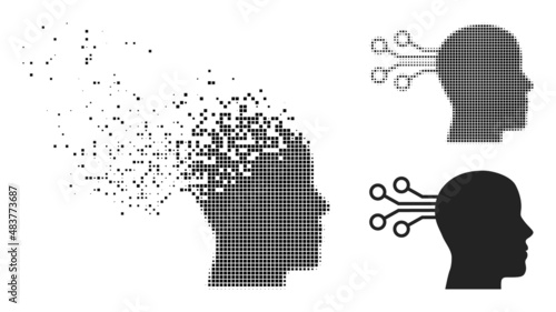 Dispersed dot mind interface vector icon with destruction effect, and original vector image. Pixel dissolving effect for mind interface shows speed and motion of cyberspace objects.