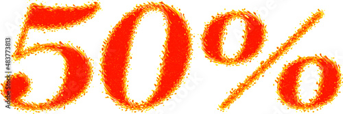 Burning fiery numbers with swirls, 50%. Volumetric three-dimensional figures with fiery brags along the contour. Vector. Ability to change to any size without loss of quality.