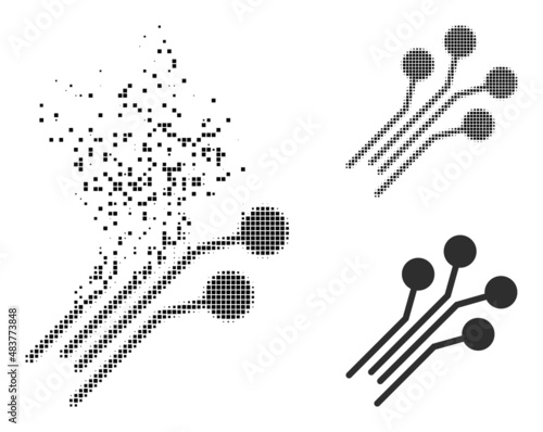 Fractured dotted circuit connectors vector icon with destruction effect, and original vector image. Pixel destruction effect for circuit connectors demonstrates speed and motion of cyberspace items.