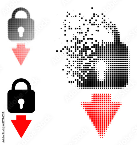 Dispersed pixelated lock down vector icon with destruction effect, and original vector image. Pixel disappearing effect for lock down shows speed and motion of cyberspace things.