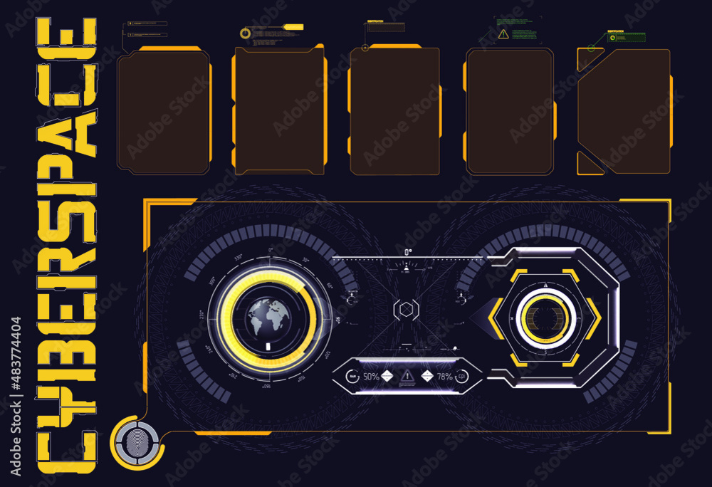 Fototapeta premium Futuristic poster set abstract cosmic shapes. Digital design elements hud style. Bar labels,info box bars. Futuristic info boxes layout templates cyberpunk style.