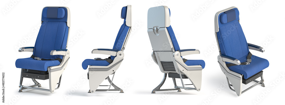 Airplane seat in different views. Aircraft interior armchair isolated on white background. - obrazy, fototapety, plakaty 